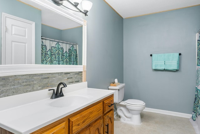 bathroom with an inviting chandelier, tile floors, large vanity, and toilet