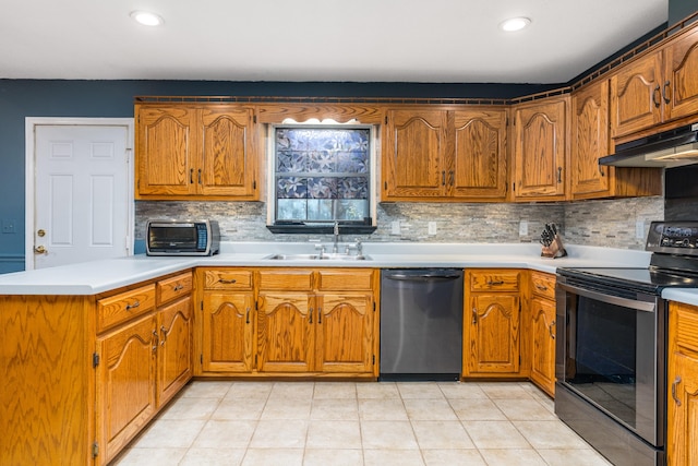 kitchen featuring sink, tasteful backsplash, range with electric stovetop, and dishwasher