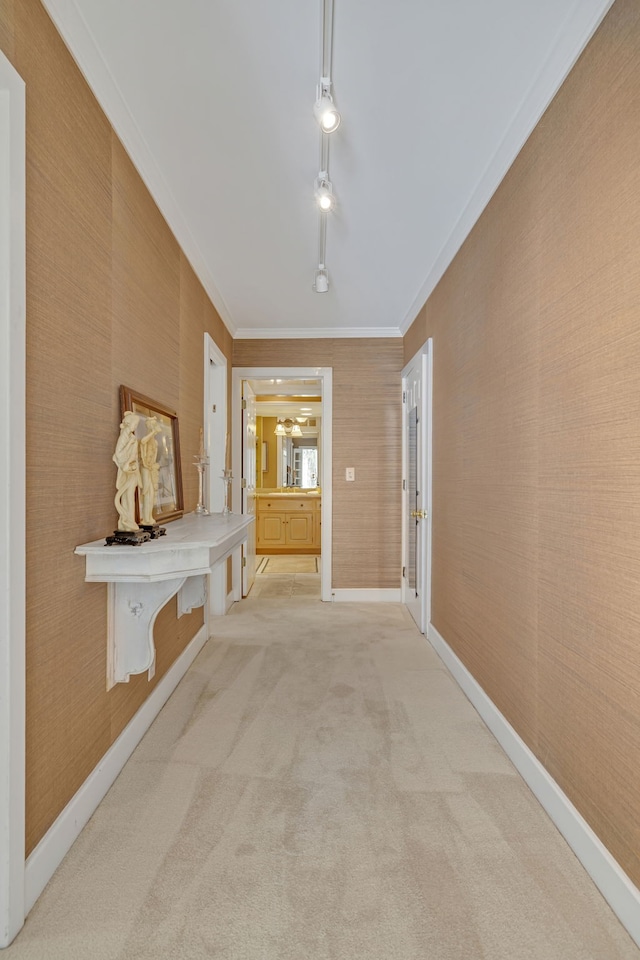 corridor with crown molding and light colored carpet