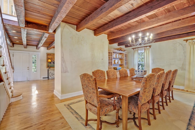 dining area featuring a notable chandelier, light wood-type flooring, beamed ceiling, and wood ceiling