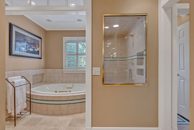 bathroom featuring tile floors, crown molding, and separate shower and tub