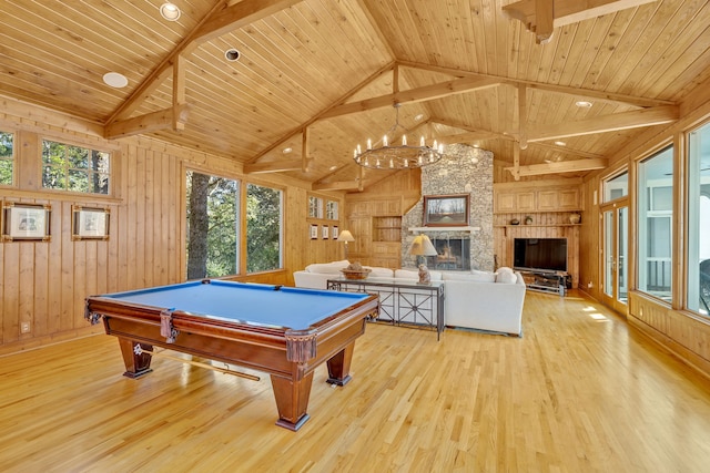 playroom with wooden ceiling, wooden walls, pool table, a stone fireplace, and light wood-type flooring