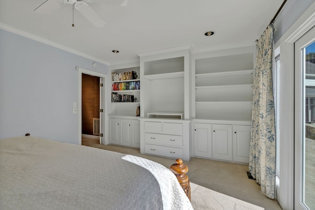 carpeted bedroom with crown molding and ceiling fan