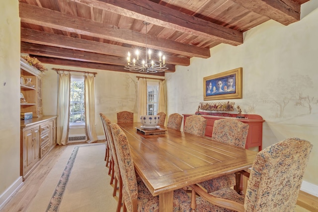 dining room featuring beamed ceiling, light hardwood / wood-style floors, wooden ceiling, and an inviting chandelier