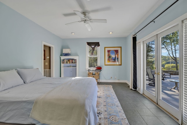 tiled bedroom with ceiling fan, access to exterior, and french doors