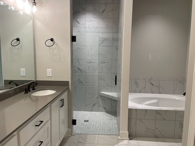 bathroom featuring shower with separate bathtub, tile flooring, and oversized vanity