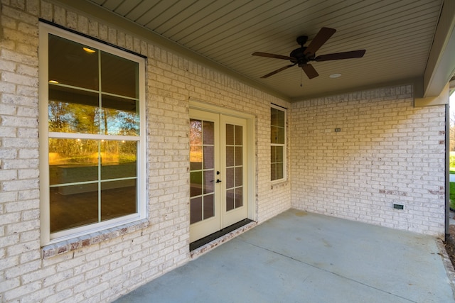 view of patio / terrace featuring french doors and ceiling fan