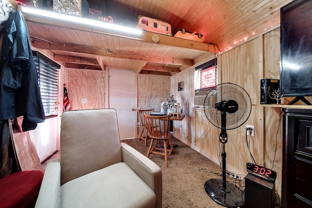 interior space featuring indoor bar, wooden ceiling, wood walls, and carpet