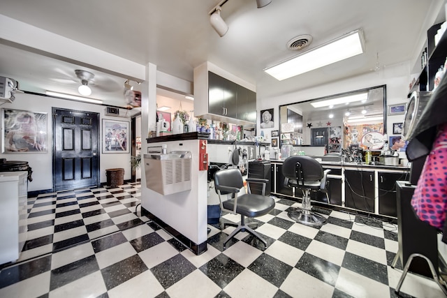 kitchen featuring light tile flooring, ceiling fan, and rail lighting