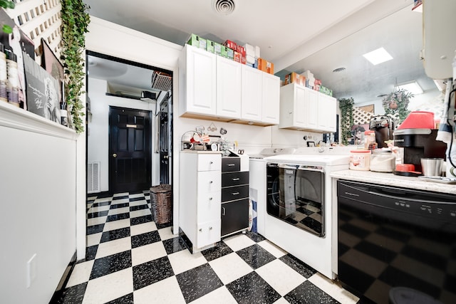 kitchen with washing machine and clothes dryer, white cabinetry, light tile floors, and dishwasher