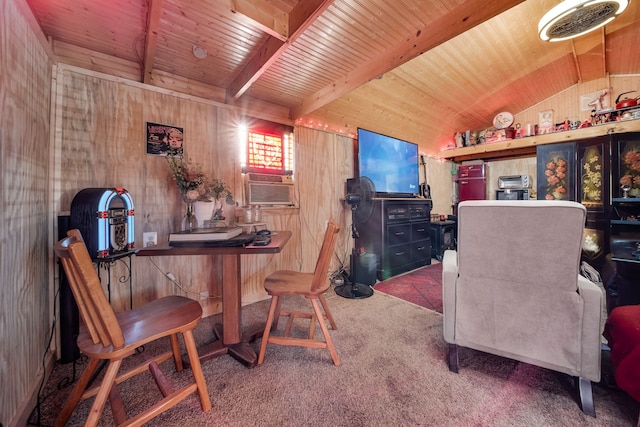 dining room with wooden walls, dark carpet, lofted ceiling, and wood ceiling