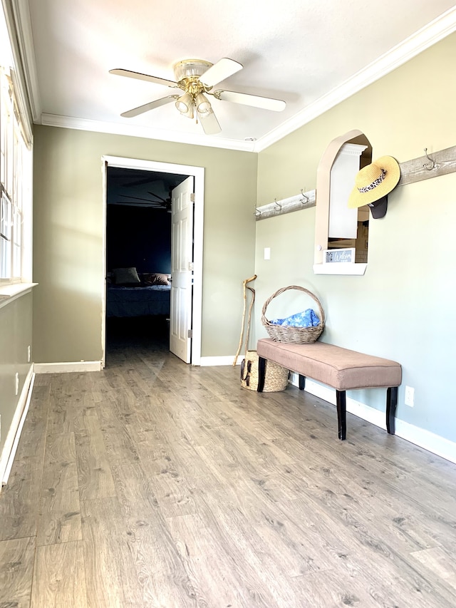 interior space featuring hardwood / wood-style flooring, crown molding, and ceiling fan