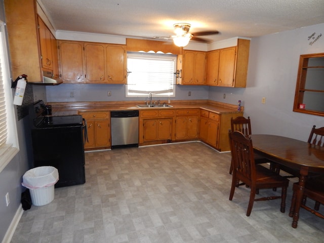 kitchen featuring black range with electric stovetop, ceiling fan, dishwasher, sink, and a textured ceiling