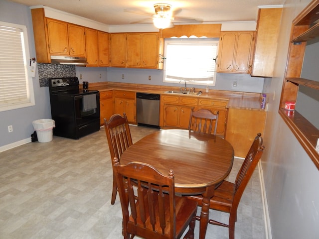 kitchen with ceiling fan, dishwasher, black electric range oven, and sink