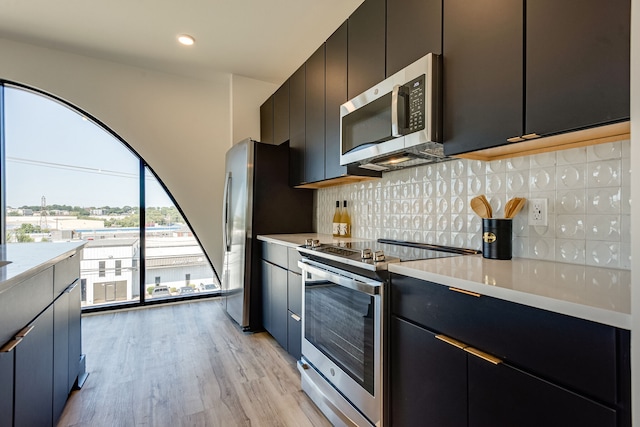 kitchen with tasteful backsplash, light wood-type flooring, and stainless steel appliances