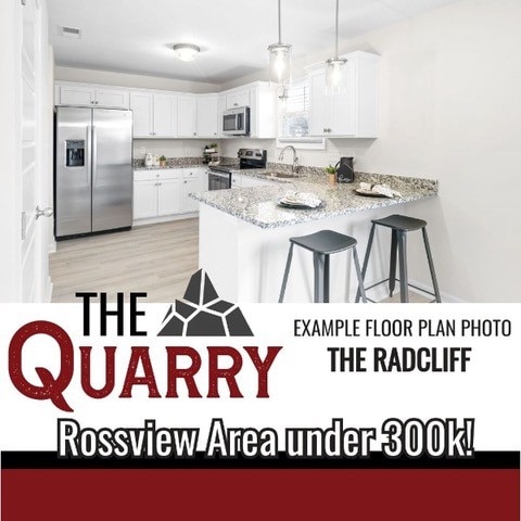 kitchen with white cabinetry, sink, hanging light fixtures, stainless steel appliances, and kitchen peninsula