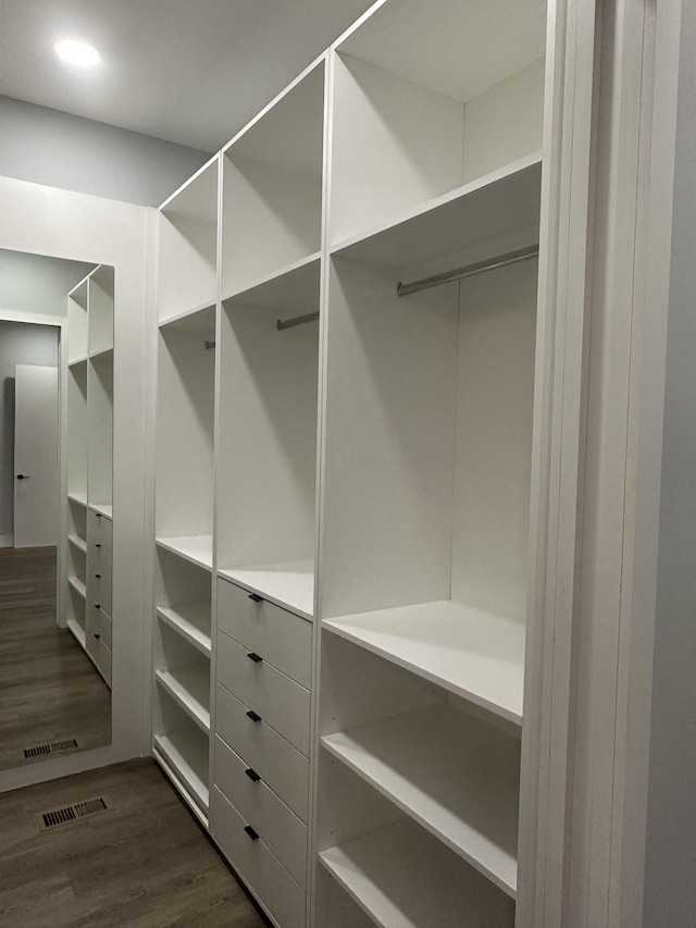 walk in closet with dark hardwood / wood-style floors