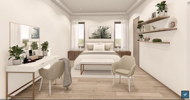 bedroom with crown molding and light hardwood / wood-style flooring