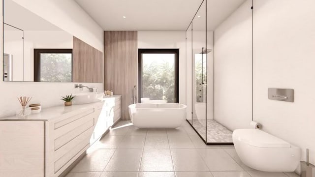 bathroom featuring vanity, tile patterned floors, a shower with door, and toilet