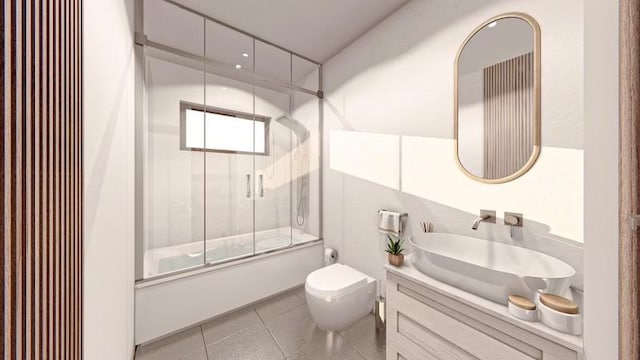 full bathroom with tile patterned flooring, enclosed tub / shower combo, vanity, and toilet