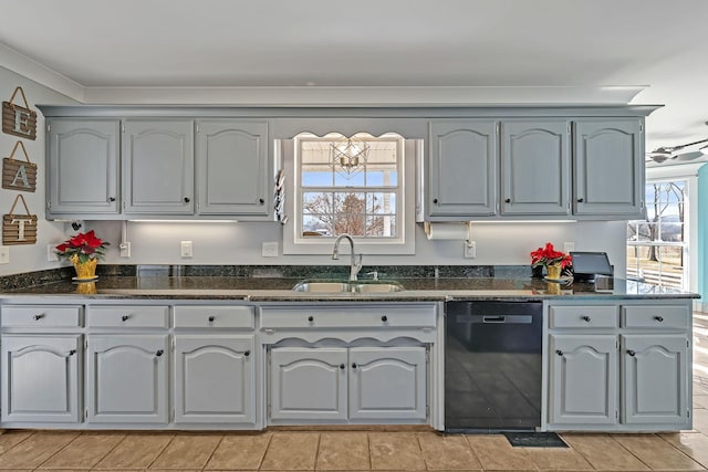 kitchen with sink, crown molding, dishwasher, gray cabinetry, and dark stone counters