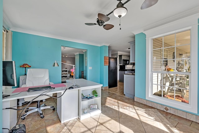 tiled office space with crown molding and ceiling fan