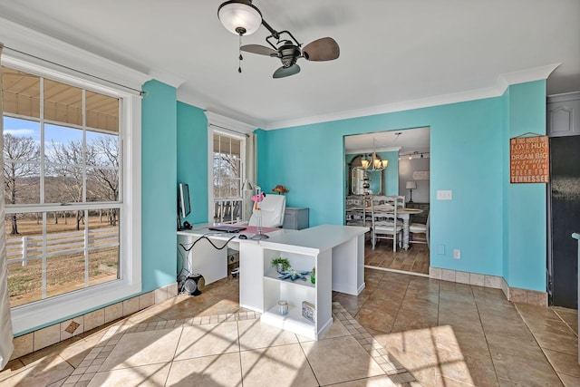 dining area with crown molding, tile patterned flooring, and ceiling fan with notable chandelier