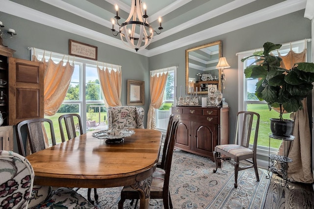 dining space with a tray ceiling, ornamental molding, a chandelier, and a healthy amount of sunlight