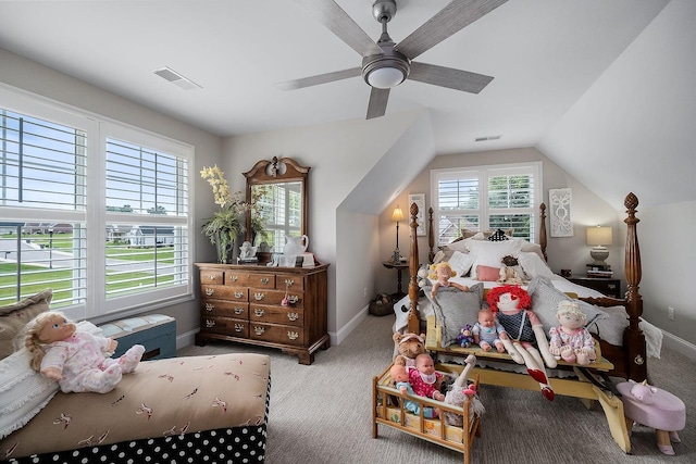 carpeted bedroom featuring ceiling fan and lofted ceiling