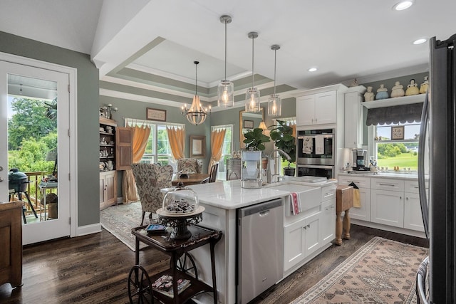 kitchen with hanging light fixtures, white cabinetry, appliances with stainless steel finishes, and sink