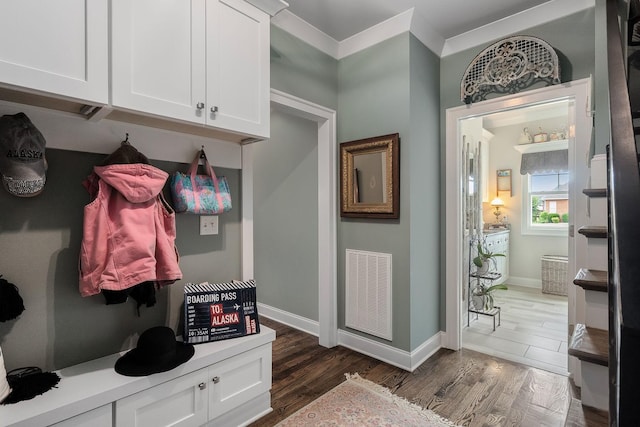 mudroom with crown molding and dark wood-type flooring