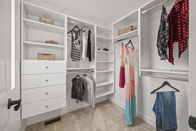 walk in closet featuring light carpet