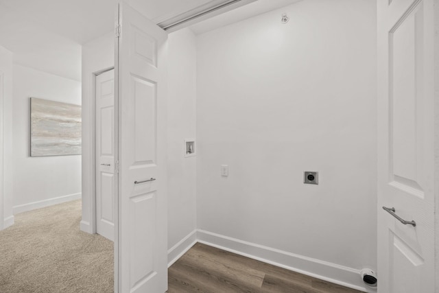 laundry area featuring hardwood / wood-style flooring, hookup for a washing machine, and hookup for an electric dryer