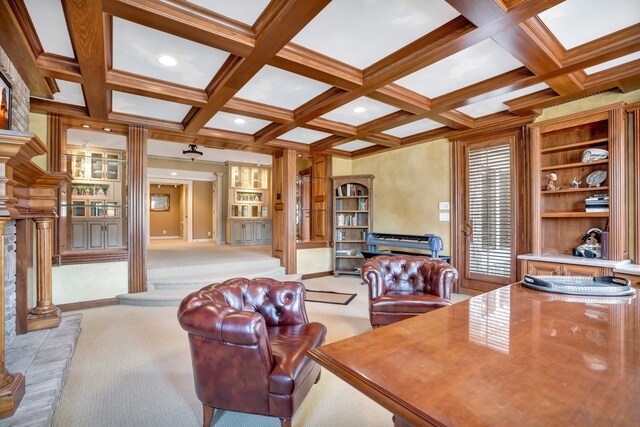 office space with light carpet, coffered ceiling, beam ceiling, and crown molding