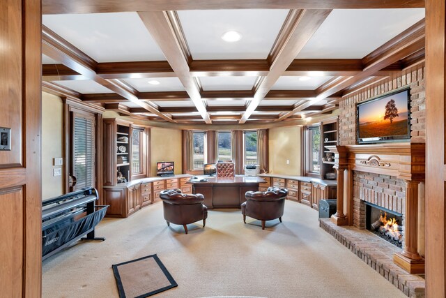 living room featuring light carpet, beamed ceiling, a fireplace, and coffered ceiling