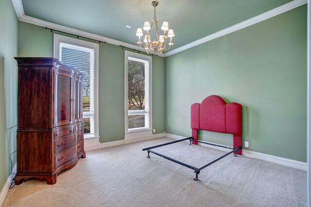 living area featuring baseboards, carpet floors, an inviting chandelier, and crown molding