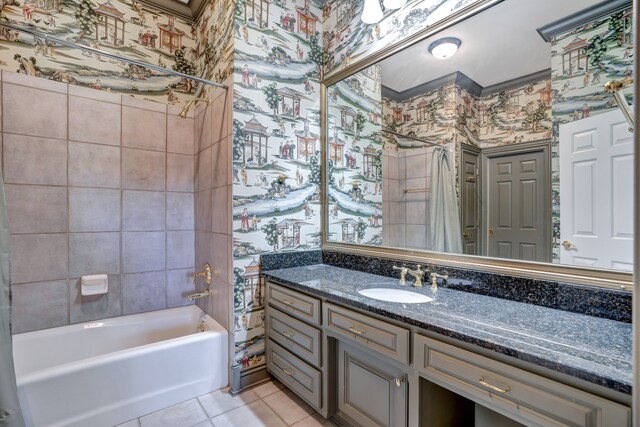 bathroom featuring wallpapered walls, vanity, and tile patterned floors