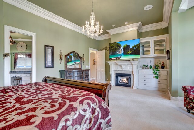 bedroom with carpet floors, ornamental molding, and a tiled fireplace