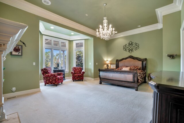 bedroom with access to exterior, visible vents, carpet flooring, a chandelier, and baseboards