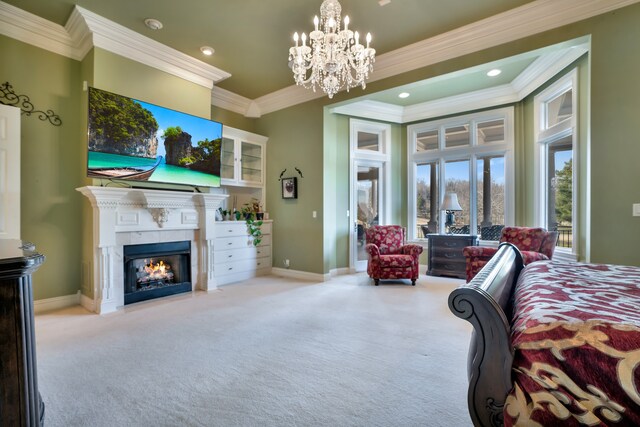 carpeted bedroom with a chandelier, recessed lighting, a fireplace, and baseboards