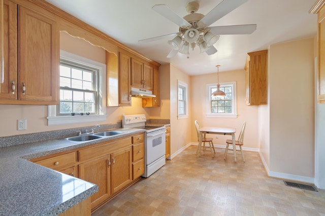 kitchen with ceiling fan, hanging light fixtures, light tile patterned floors, electric range, and sink