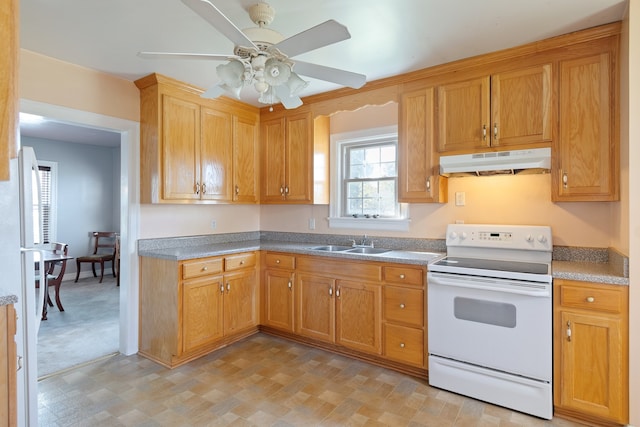 kitchen featuring ceiling fan, white appliances, sink, and light colored carpet