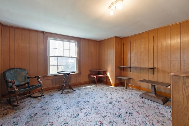 living area featuring wooden walls and carpet floors