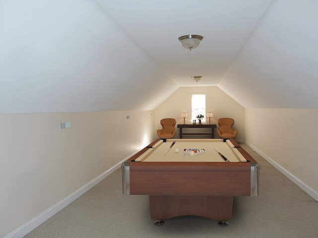 recreation room featuring carpet floors, billiards, and lofted ceiling