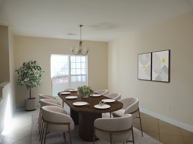 tiled dining space with a notable chandelier