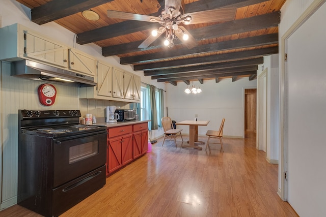 kitchen with ceiling fan, black appliances, light hardwood / wood-style flooring, beam ceiling, and wood ceiling