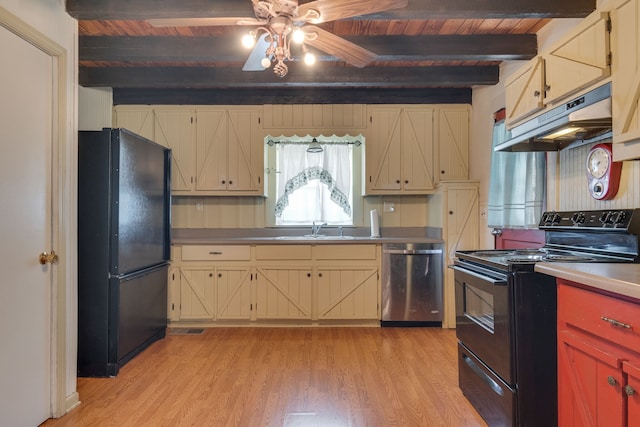 kitchen with light hardwood / wood-style floors, beam ceiling, wooden ceiling, ceiling fan, and black appliances