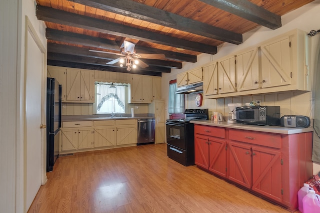 kitchen featuring light wood-type flooring, black appliances, beam ceiling, ceiling fan, and wood ceiling