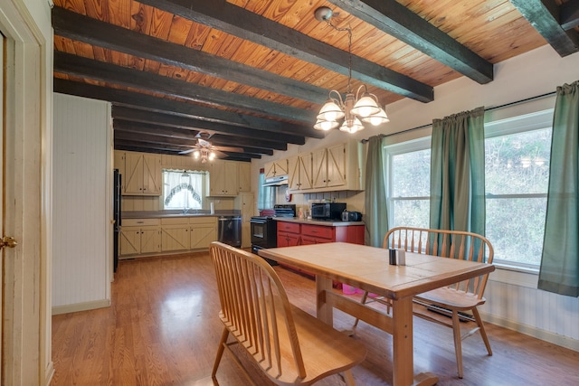 dining area featuring beam ceiling, ceiling fan with notable chandelier, and a wealth of natural light