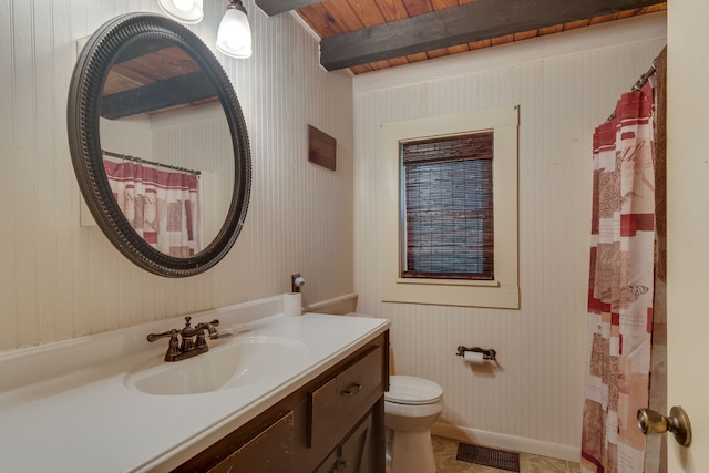 bathroom featuring tile flooring, toilet, wood ceiling, and vanity